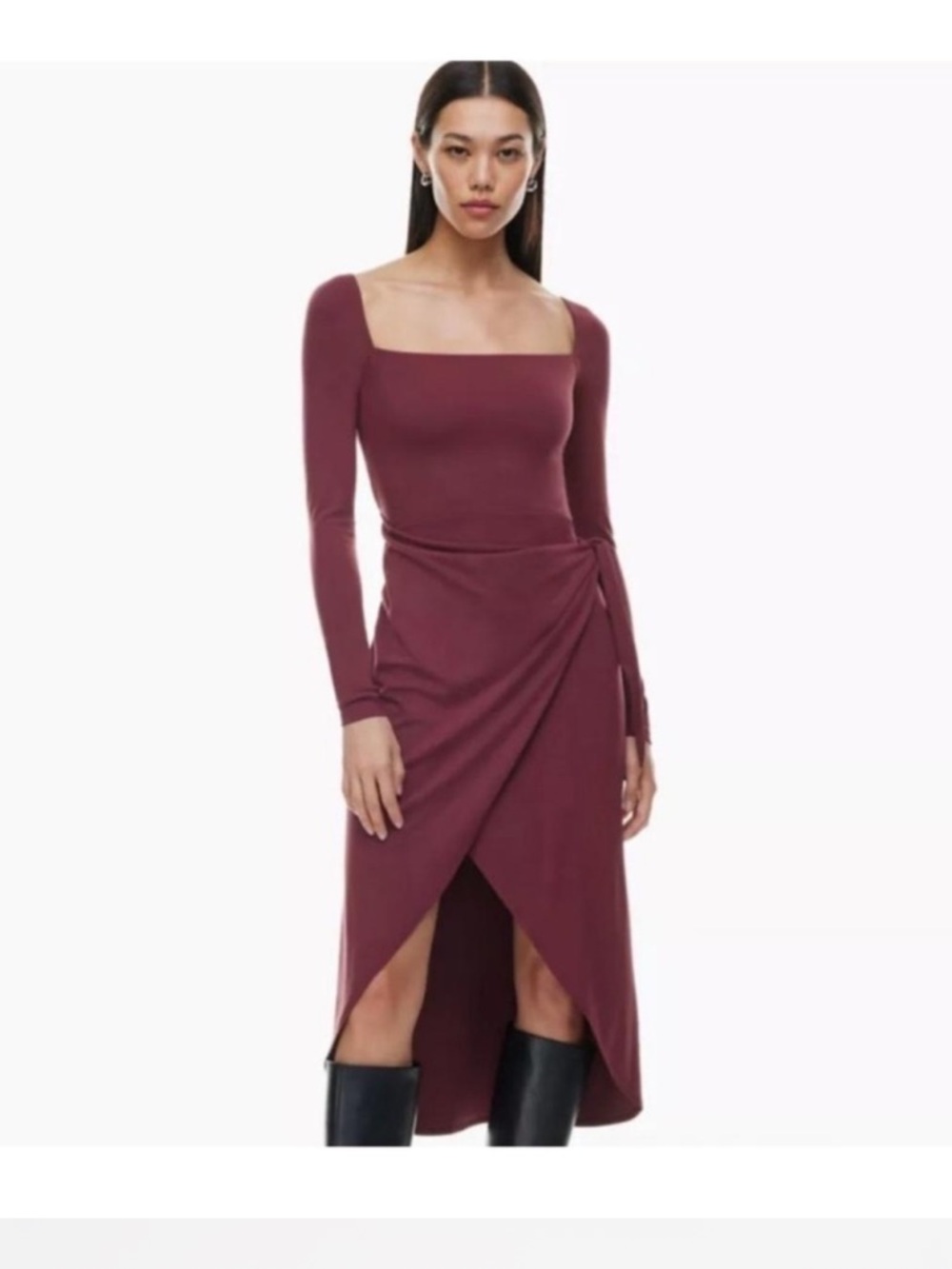 Aritzia Square-Neck Long Sleeve Wrap Midi Dress in Burgundy